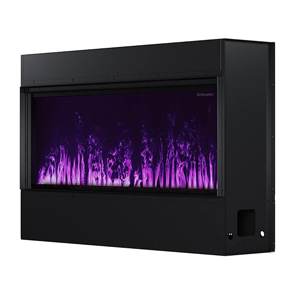 Black linear electric fireplace with purple flame illusion behind the front opening.