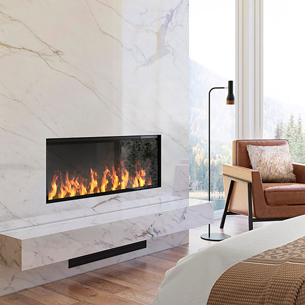 Wall-mounted linear electric fireplace with orange flame effect in a black frame.