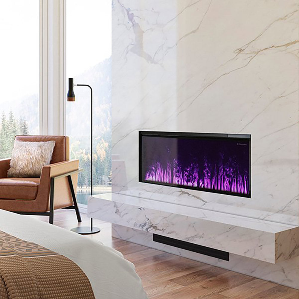 Wall-mounted linear electric fireplace with purple flame effect in a black frame.