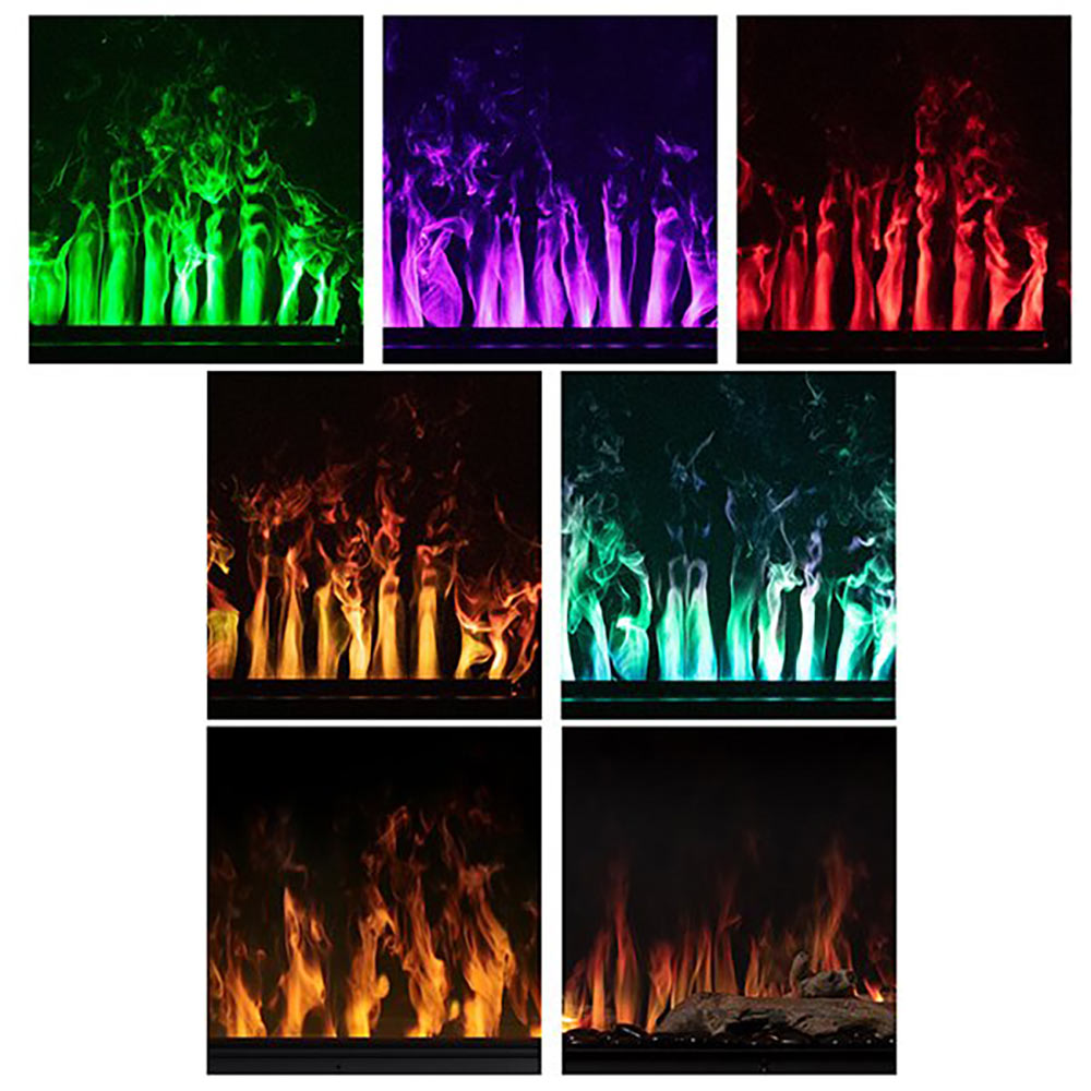 Electric fireplace flame color options shown in green, purple, red, and blue panels.