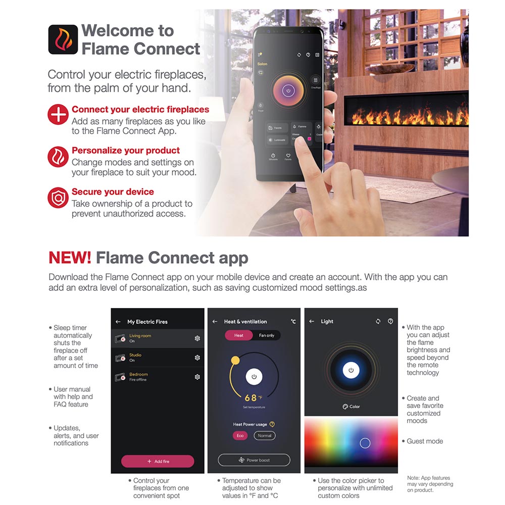 Flame Connect app and smart remote control for Dimplex electric fireplace operation.