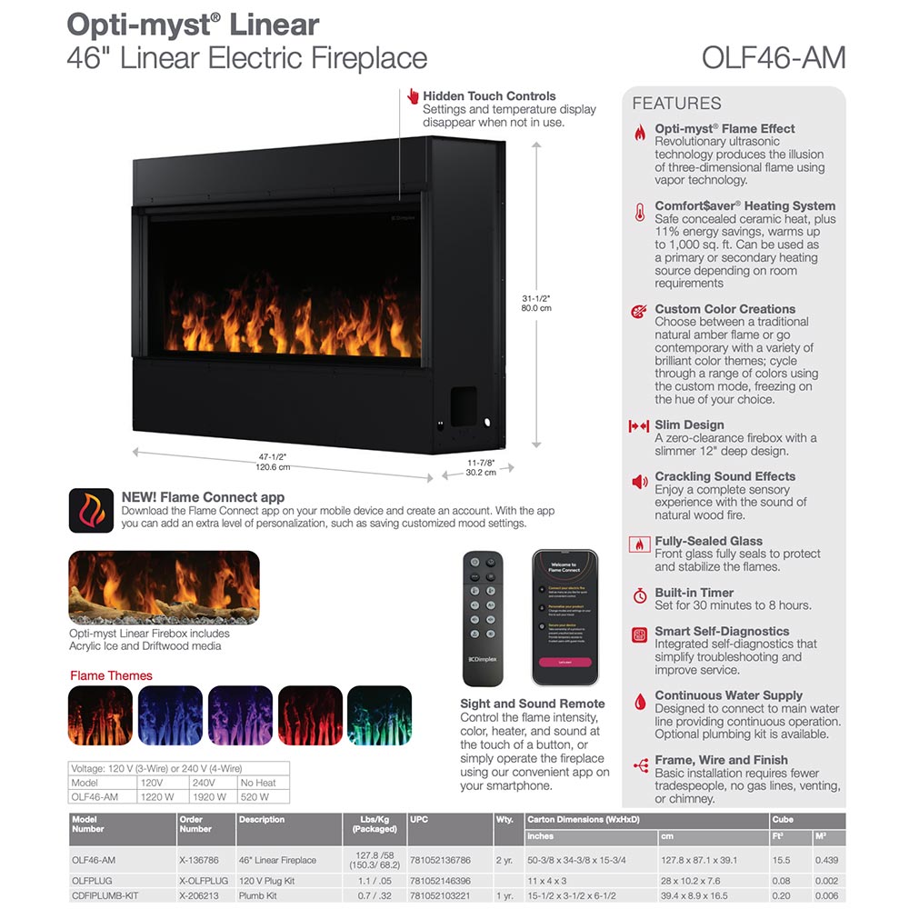 Dimplex Opti-myst Linear electric fireplace feature sheet for OLF46-AM model.