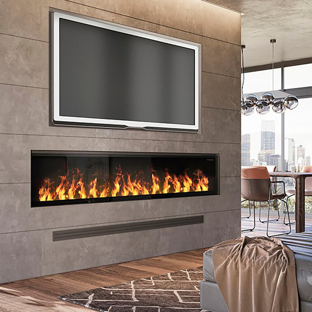 Linear electric fireplace in wall, black frame, bright orange flame effect