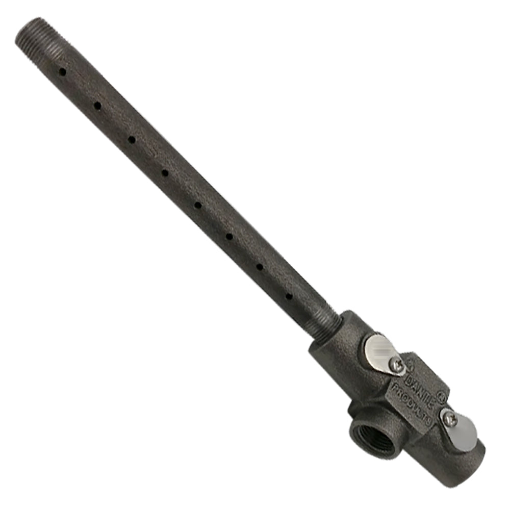 Gas fireplace log lighter burner pipe with end fitting and threaded coupling, drilled holes