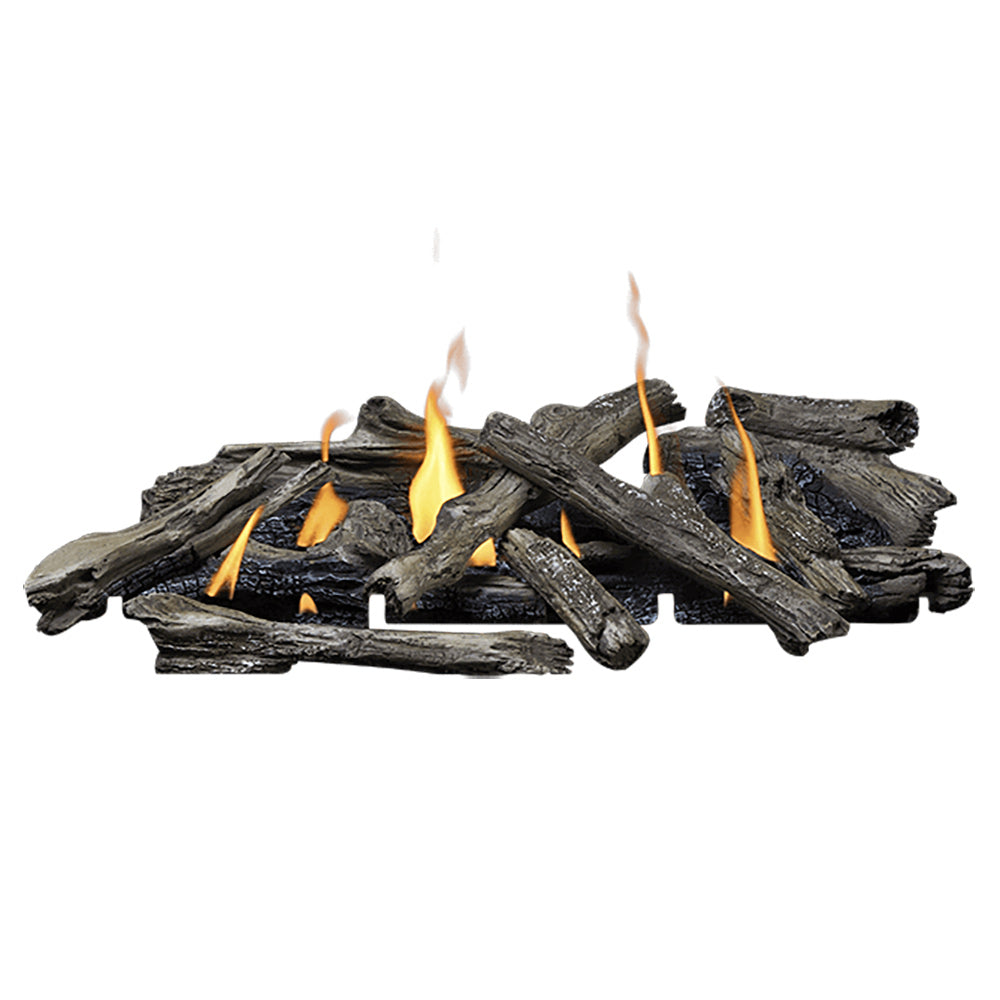 Dark driftwood log set with multiple small yellow flames