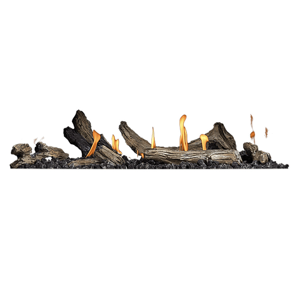 Driftwood log kit for gas fireplace with dark logs and glowing orange flames