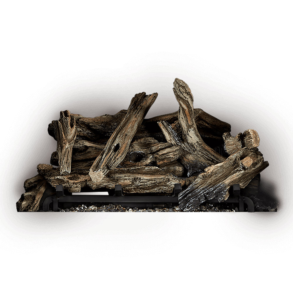 Driftwood log set for gas fireplace with dark brown logs on black grate base
