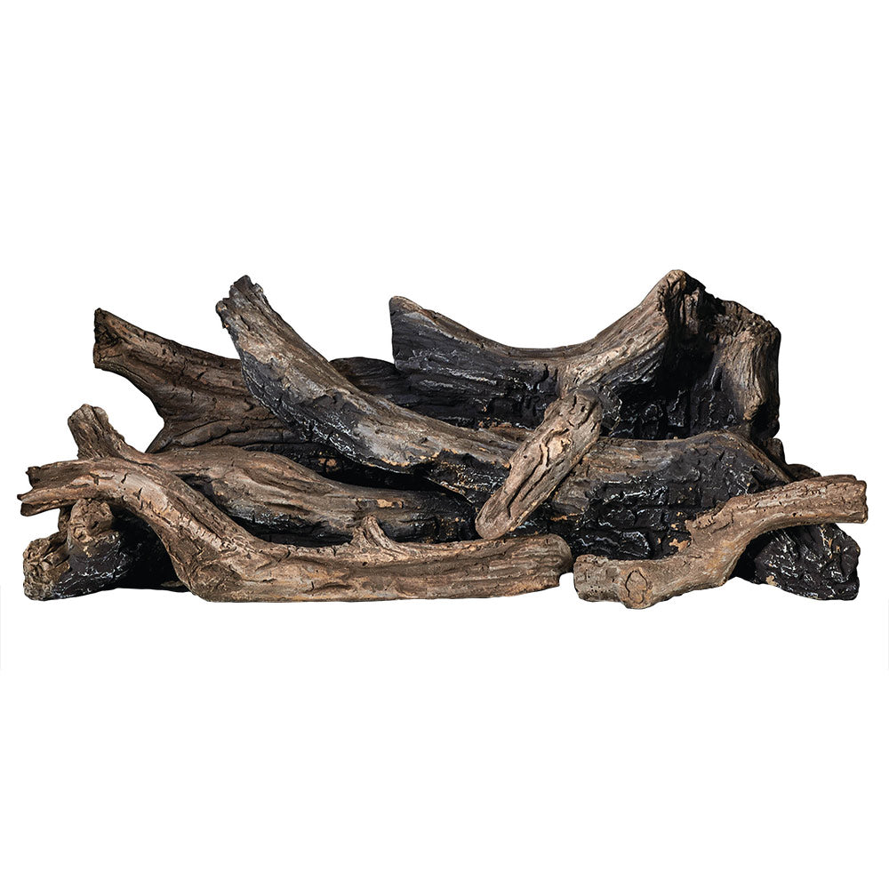 Driftwood-style gas fireplace log set with dark charred-looking wood pieces