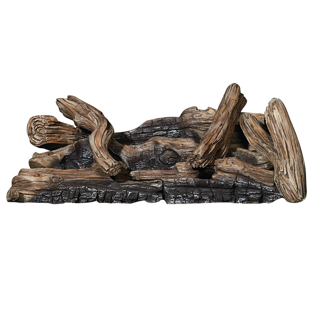 Driftwood log set with dark brown and gray faux wood logs for gas fireplace insert