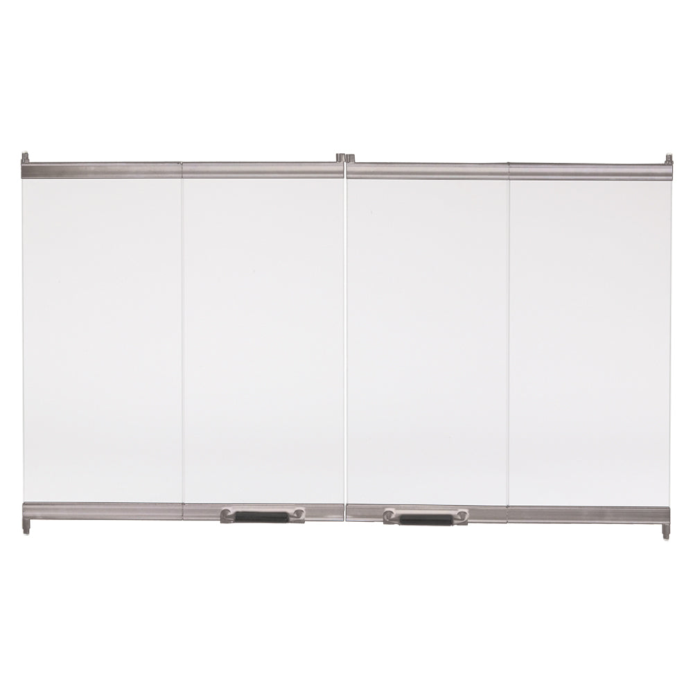 36-inch bi-fold glass doors with stainless steel trim, four-panel clear glass