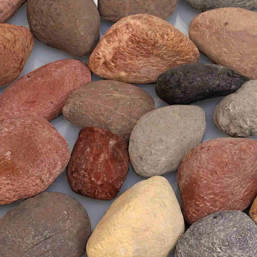 Decorative rock assortment with mixed smooth stones in red, tan, gray, and dark brown