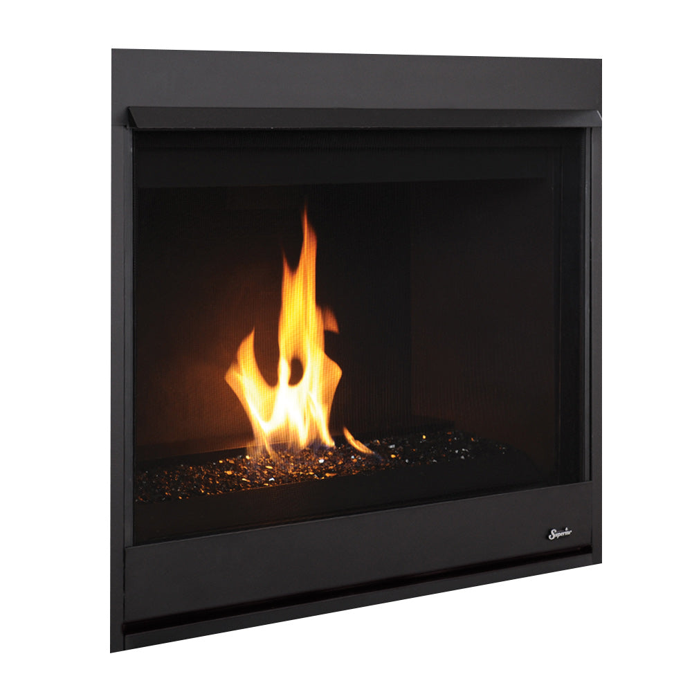 Gas fireplace with flames and dark crushed glass media, black frame