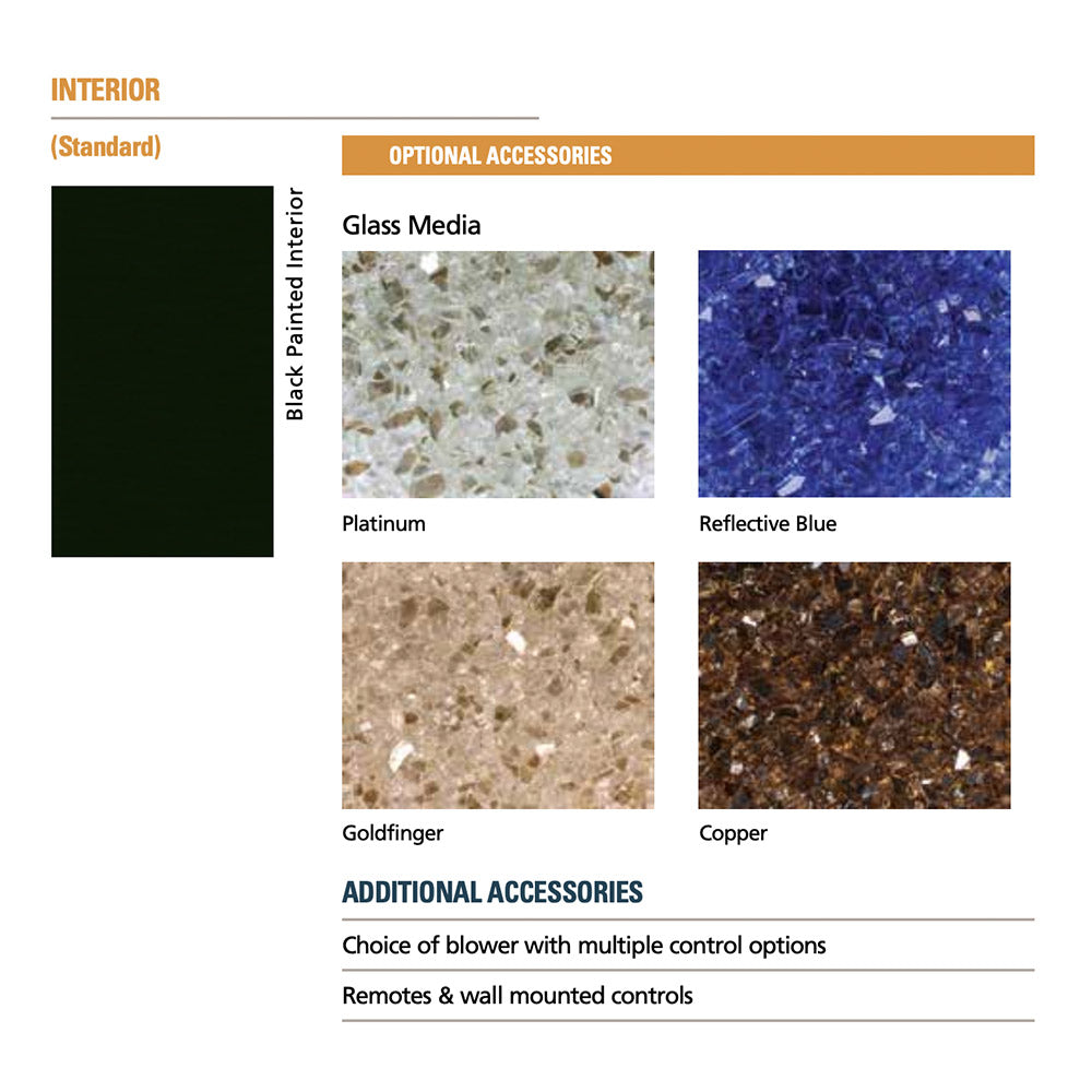 Glass media color chart for gas fireplace interior, with optional accessories and remotes