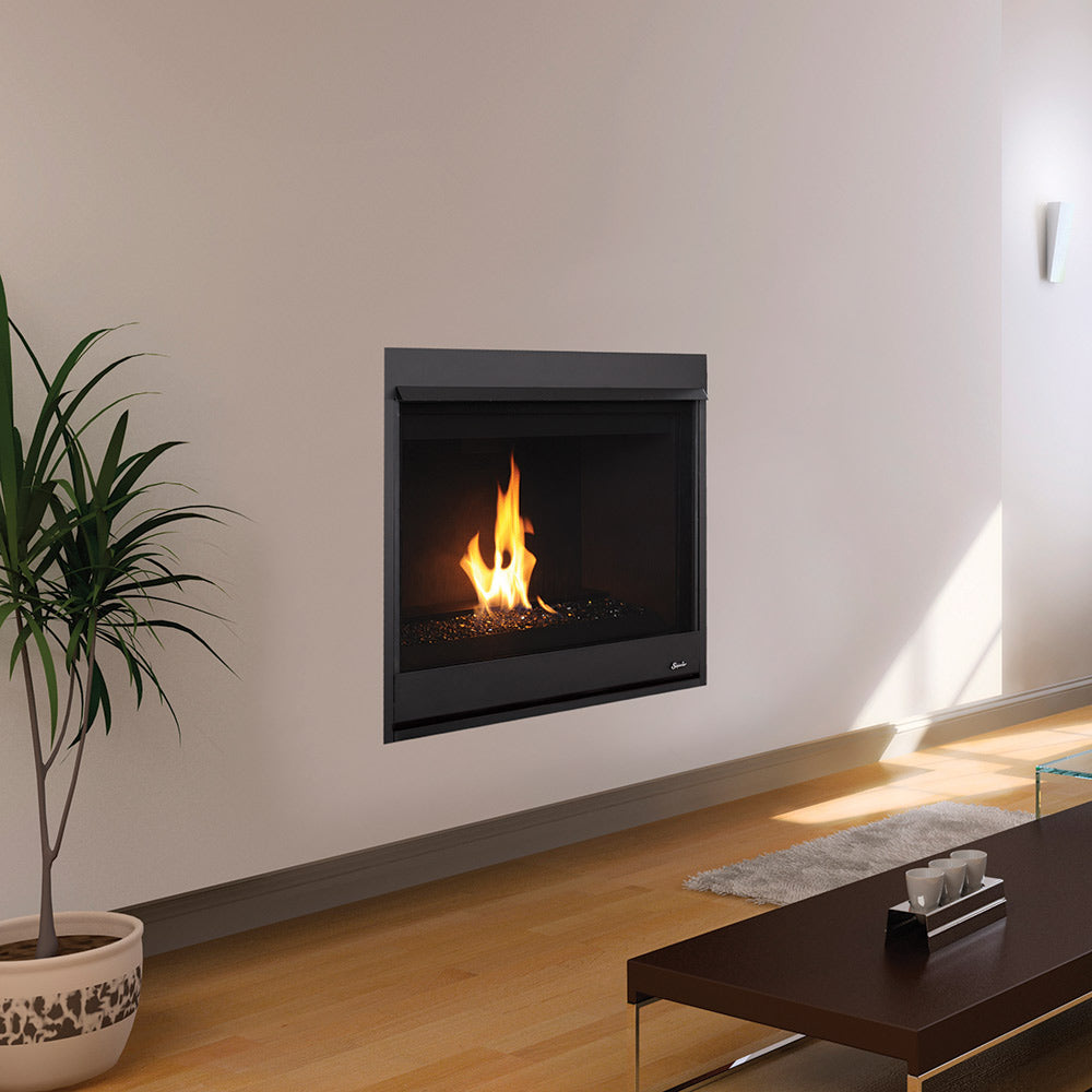 Wall-mounted gas fireplace with flames and dark glass media in a black surround