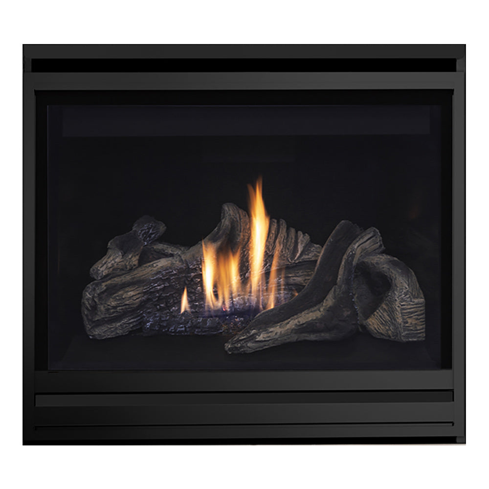 Black direct vent gas fireplace with glass front, logs and flames