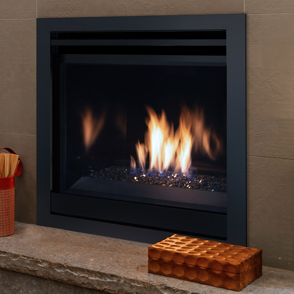 Black direct vent gas fireplace with flames and dark log set