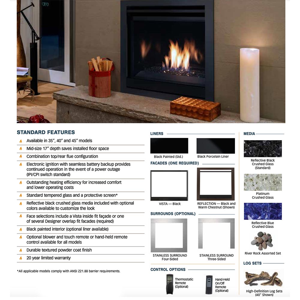 Black direct vent gas fireplace with flames, mantel and two white candles