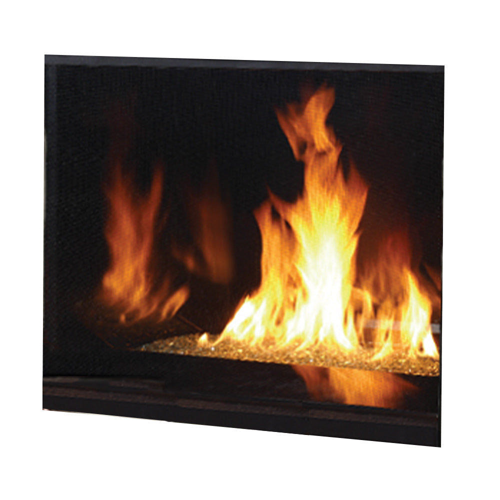 Direct vent gas fireplace with glowing flames and dark glass media bed