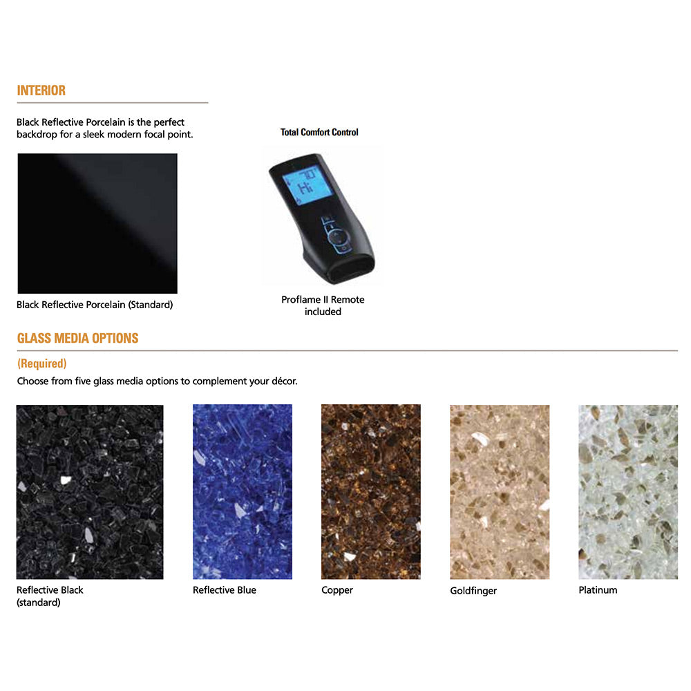 Gas fireplace remote and reflective glass media color options chart