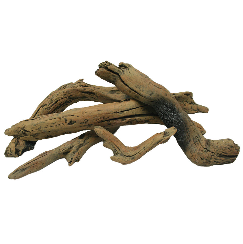Decorative driftwood log set with five weathered tan and brown logs