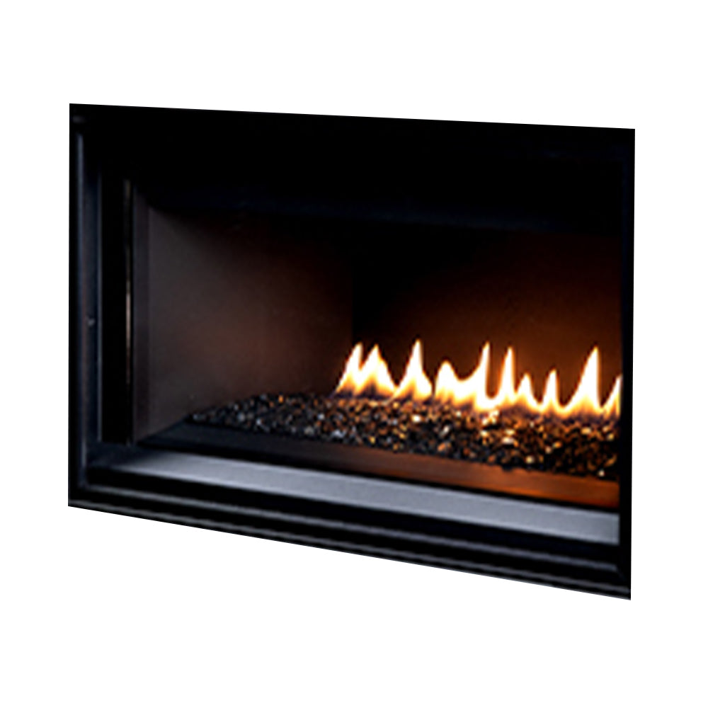 Direct vent gas fireplace with black frame, burning flames over crushed glass media