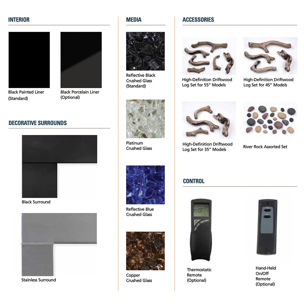Fireplace interior, media, accessories and control options layout with remote panels