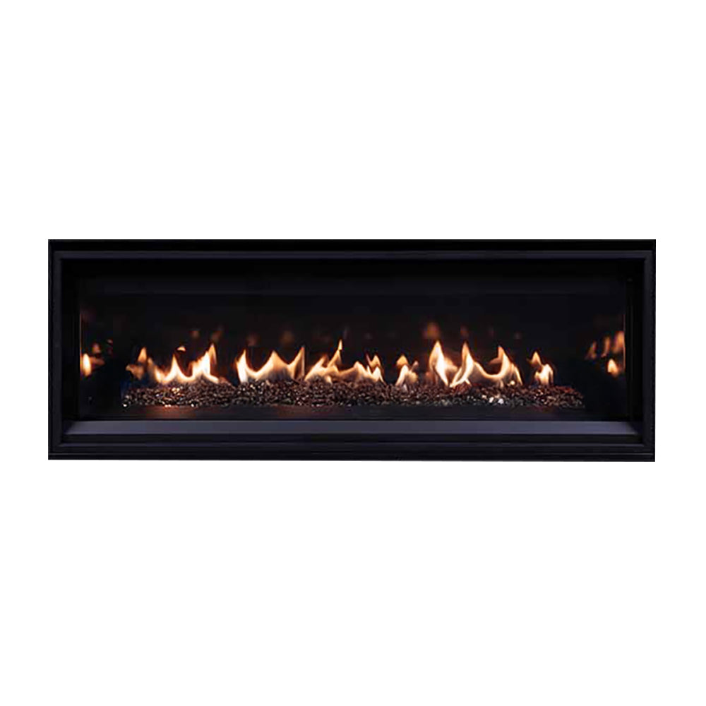 Direct vent gas fireplace with crushed glass media and burning flames in black frame