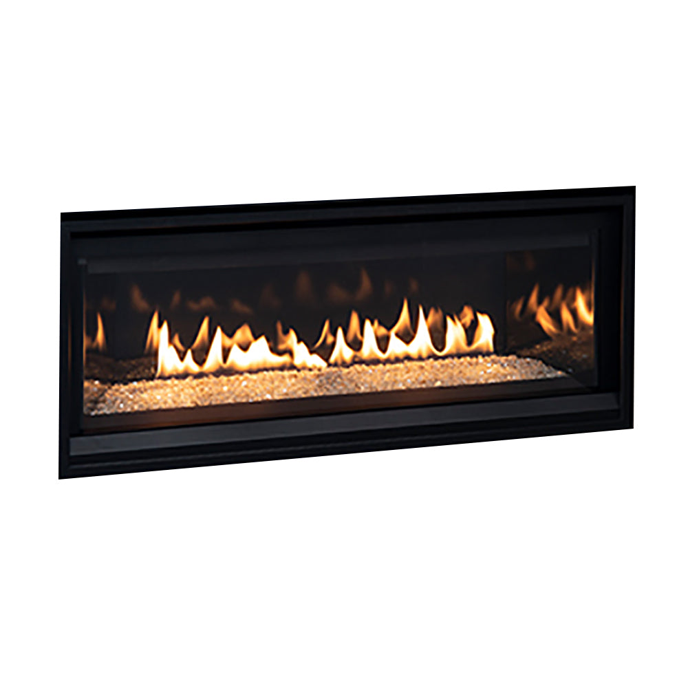 Direct vent gas fireplace with black trim, visible flames, and crushed glass media