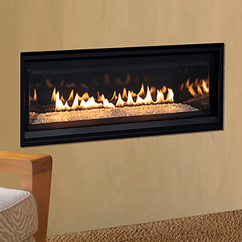 Wall-mounted black gas fireplace with flames over crushed glass media, rectangular front