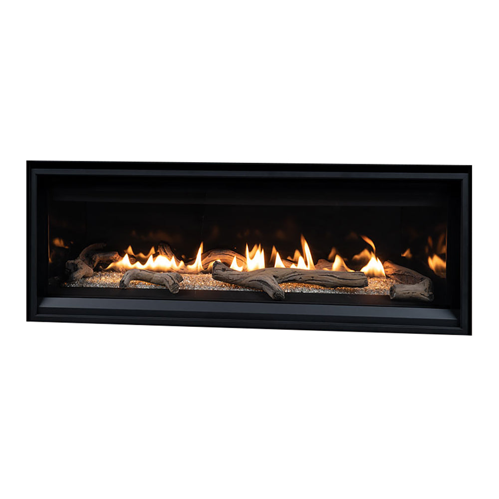 55-inch direct vent gas fireplace insert showing flames and crushed glass media in black frame