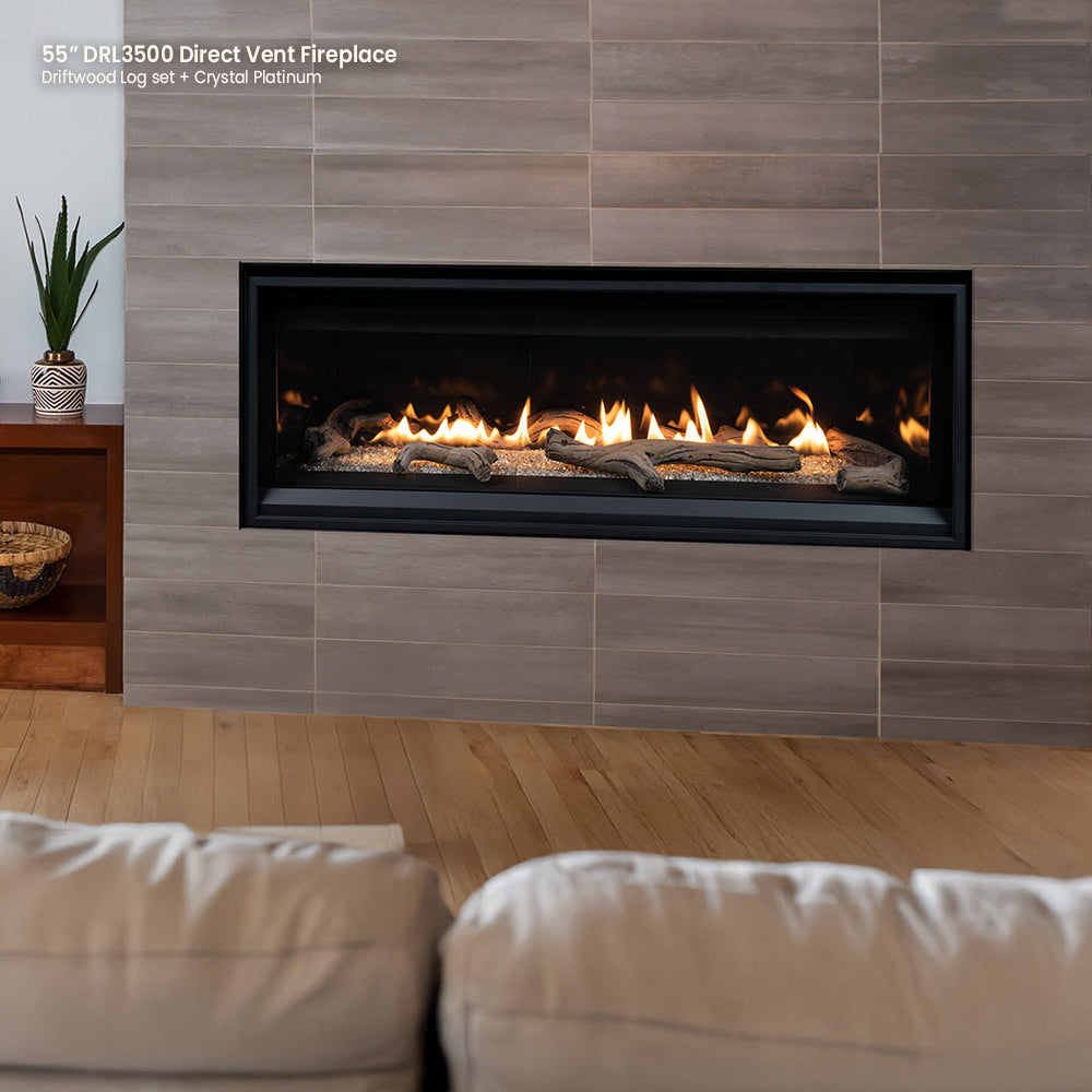 55-inch direct vent gas fireplace with black trim and glowing flames over crushed glass