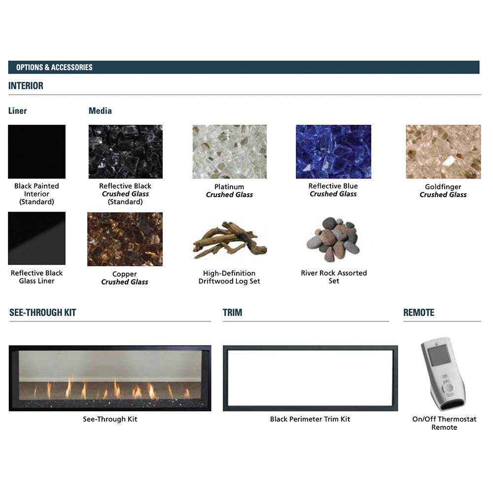 Gas fireplace options chart showing media colors, see-through kit, and remote