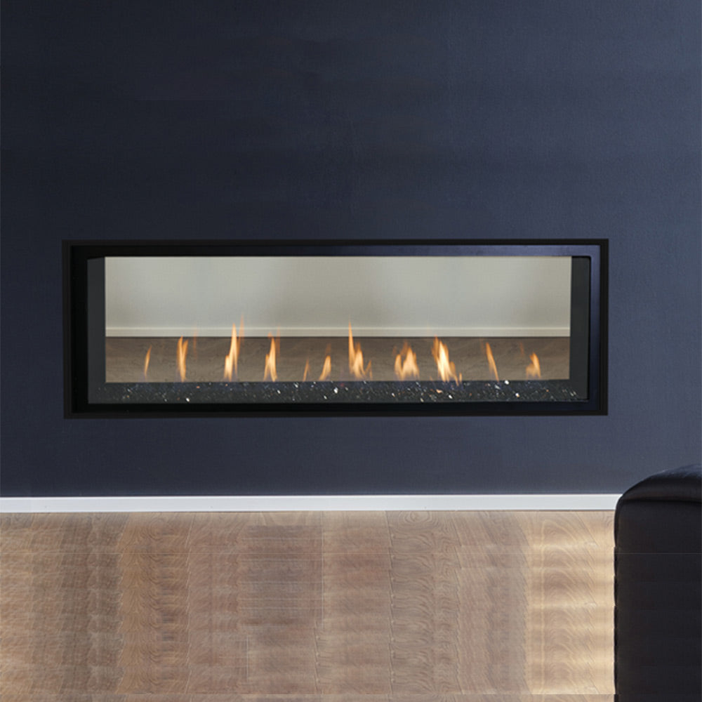 Direct vent gas fireplace with see-through glass and burning flames, black frame