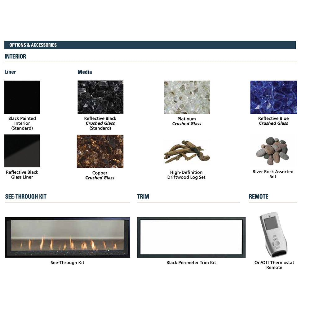 Gas fireplace options chart showing media colors and see-through kit illustration