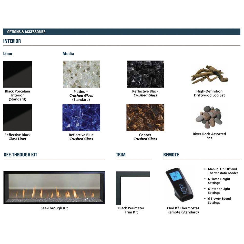 Gas fireplace options chart showing media selections, trim, and a remote control