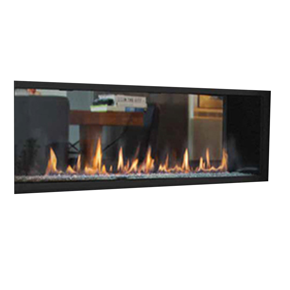 60-inch direct vent gas fireplace with see-through glass and burning flames