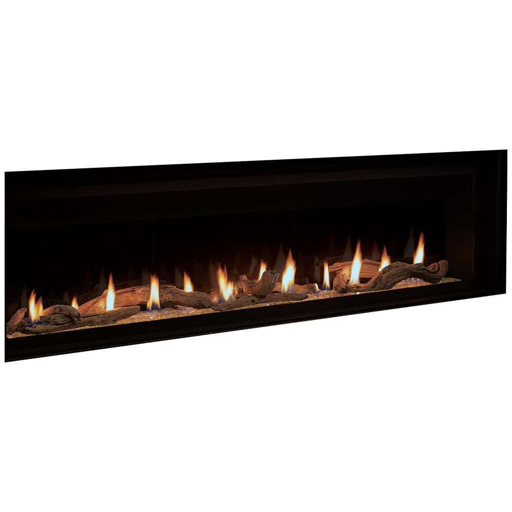 Direct vent gas fireplace with crushed glass media, black firebox and flames
