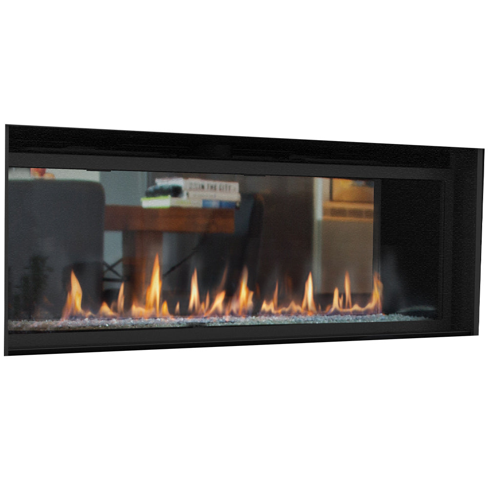 Black direct vent see-through gas fireplace with bright flame view behind glass