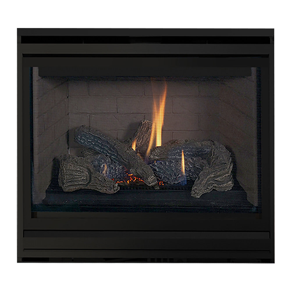 Traditional direct-vent gas fireplace with black trim, glowing logs, and steady flames