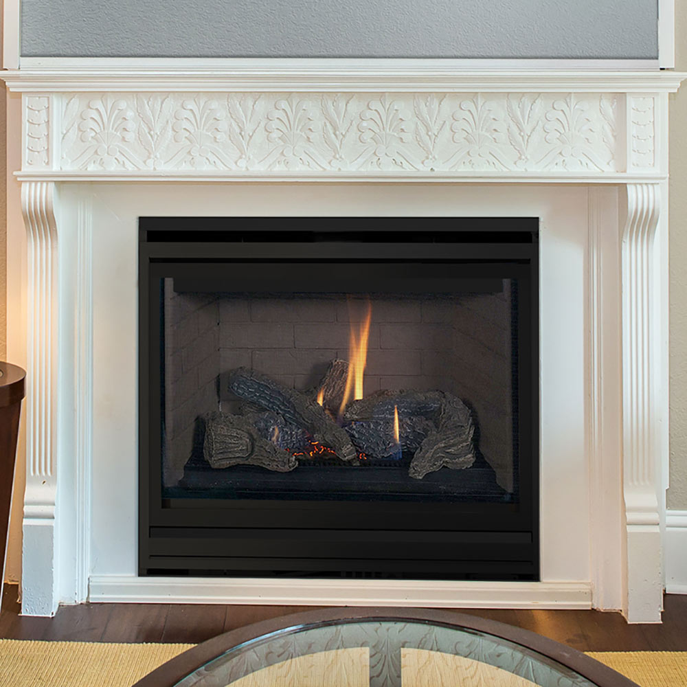 Direct-vent gas fireplace set in a white mantel, black firebox with logs and flames