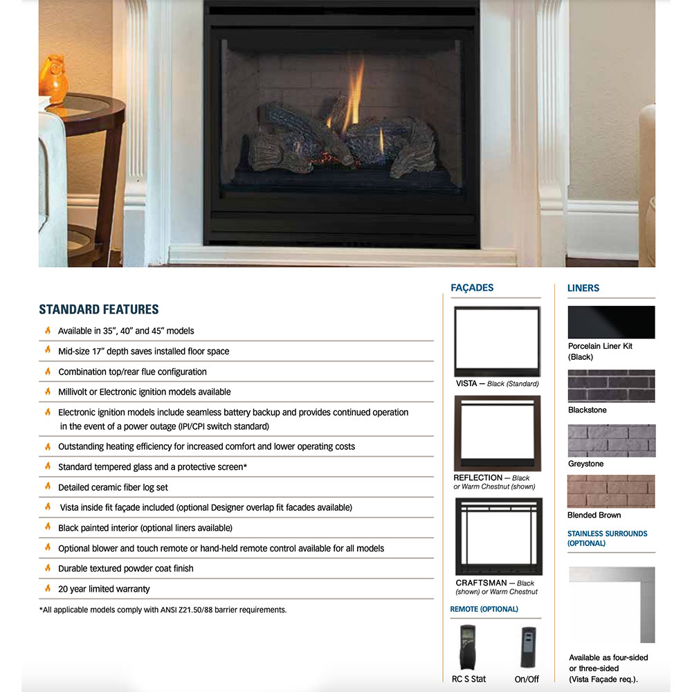 Traditional gas fireplace with black firebox, glowing logs, and adjacent feature chart