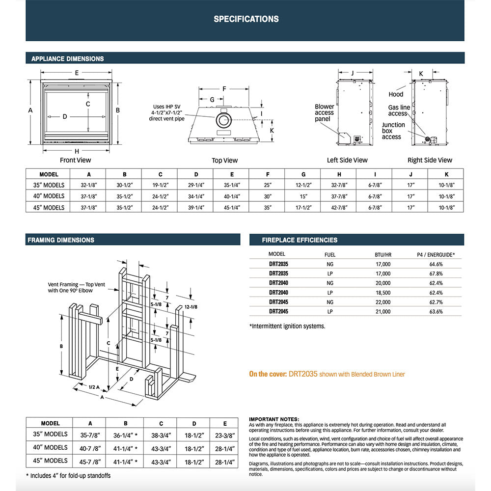 Gas fireplace installation and dimensions diagram with vent framing measurements