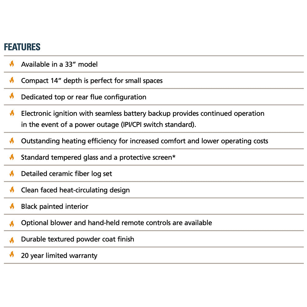 Features list card for 33-inch direct vent gas fireplace with bullet text and icons