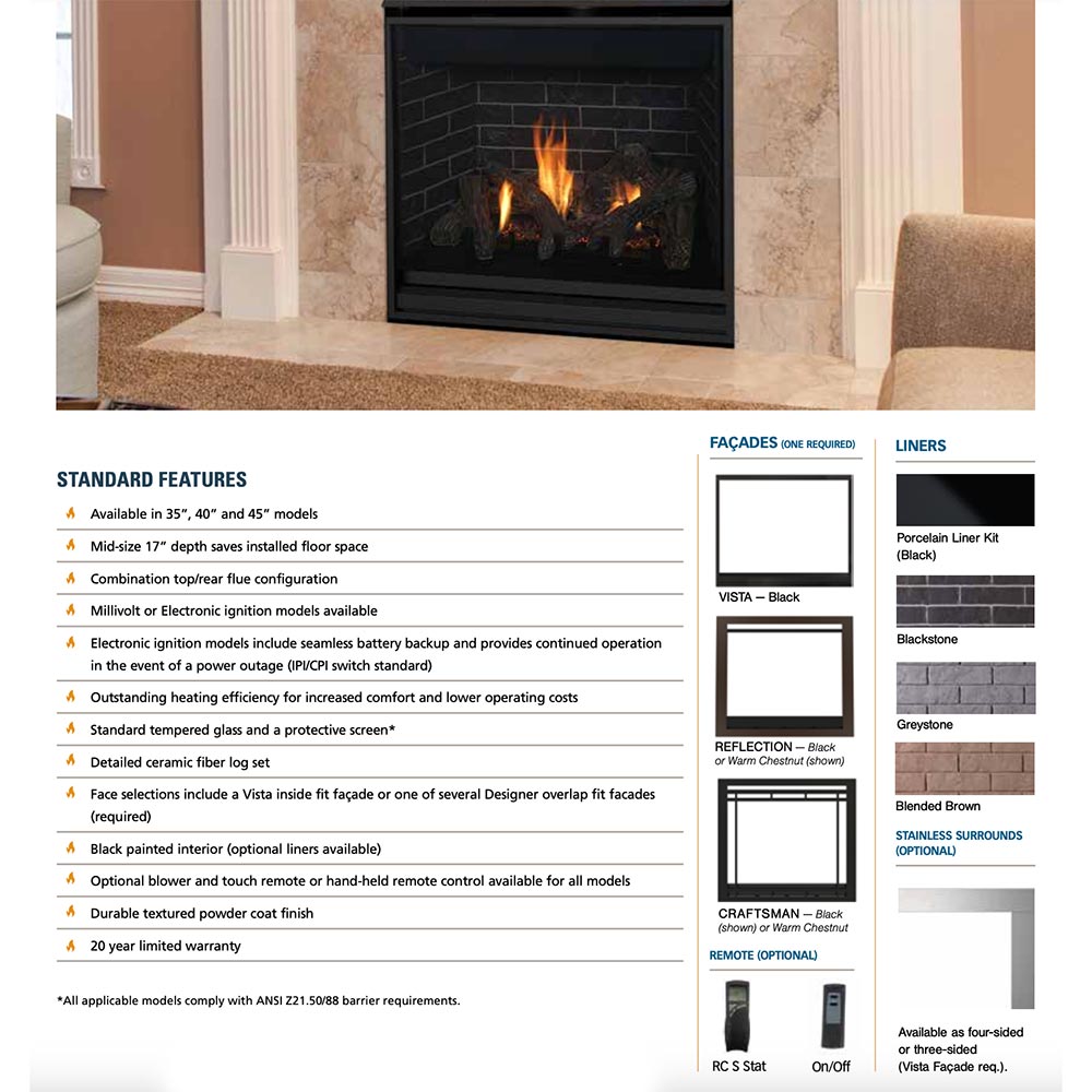 Direct vent gas fireplace brochure page with featured facades, liners, and ignition info