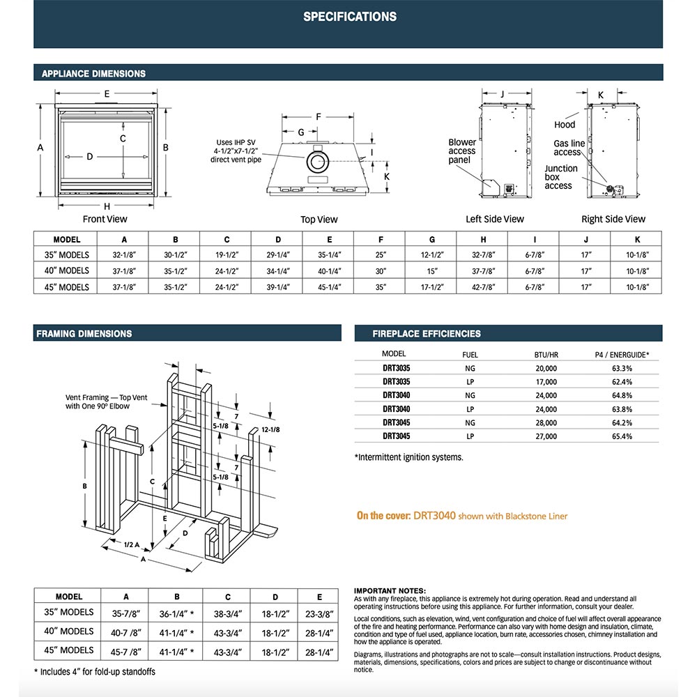 Direct vent fireplace specifications sheet with appliance dimensions and venting details