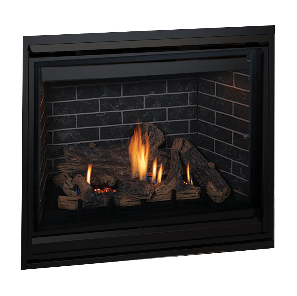 Black direct vent gas fireplace with glowing logs and brick-style ceramic backdrop