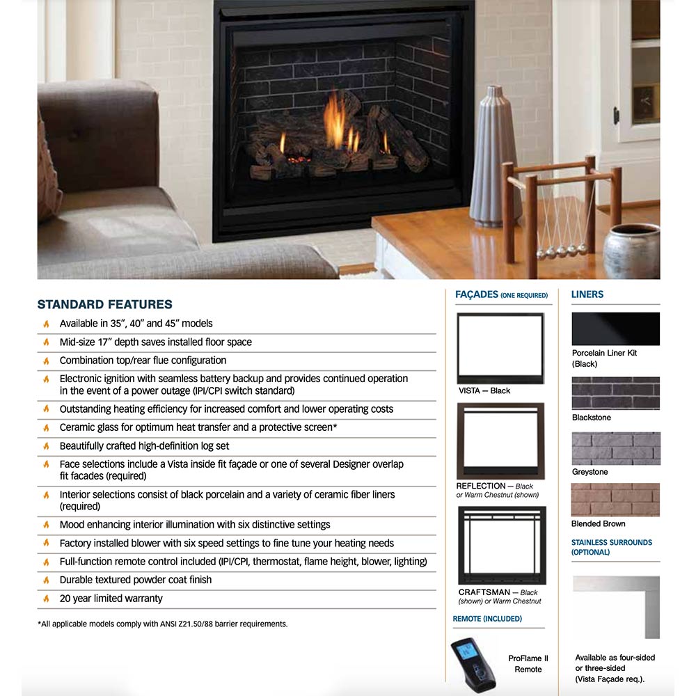 Black gas fireplace insert with glass front and burning logs; product feature panel