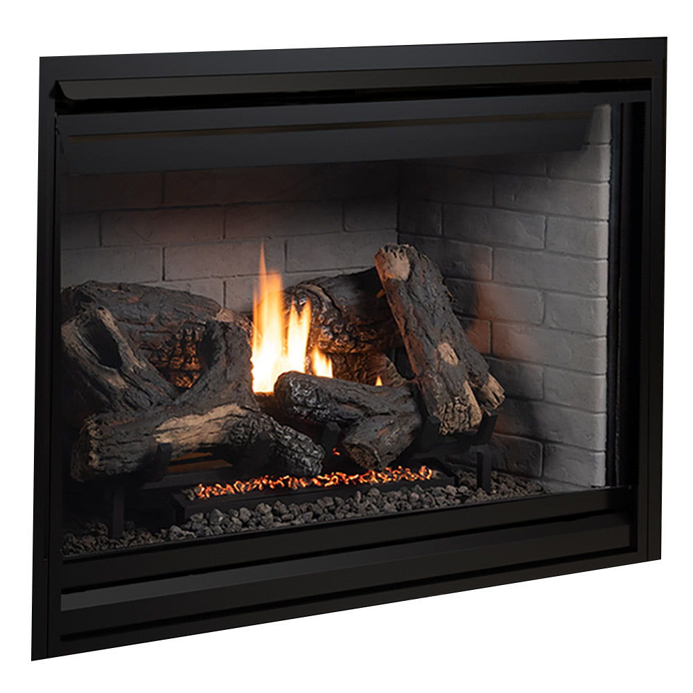 Black 45-inch direct vent gas fireplace with glass front and glowing fire logs