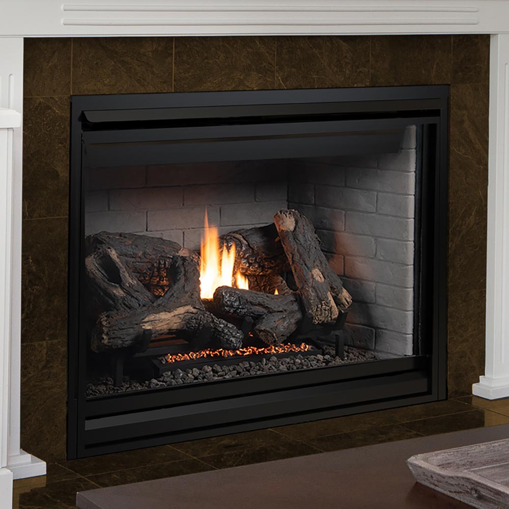 Black 45-inch direct vent gas fireplace with glass front and burning log set