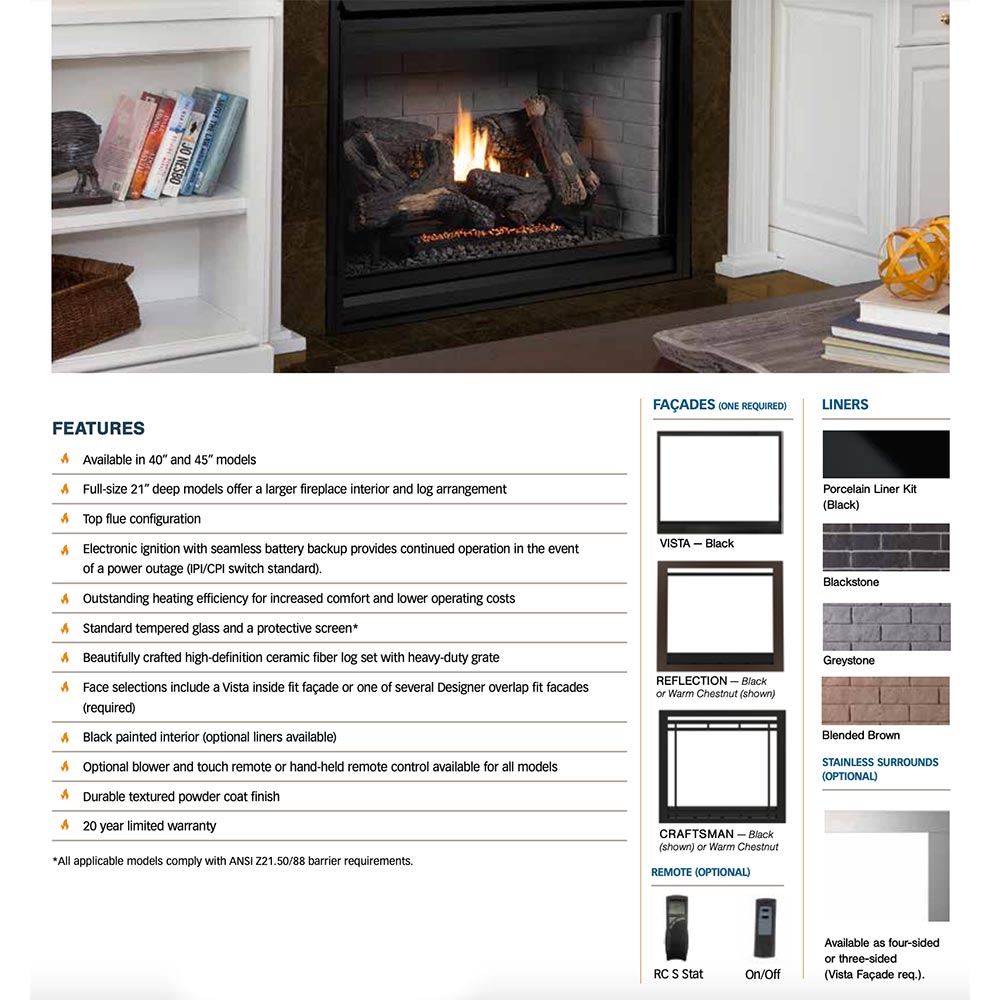 Black direct vent gas fireplace with glass front, interior fire, and log arrangement